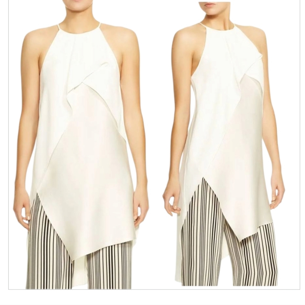NWT HALSTON Sleeveless Crepe Tunic Satin Flounce Overlay White S